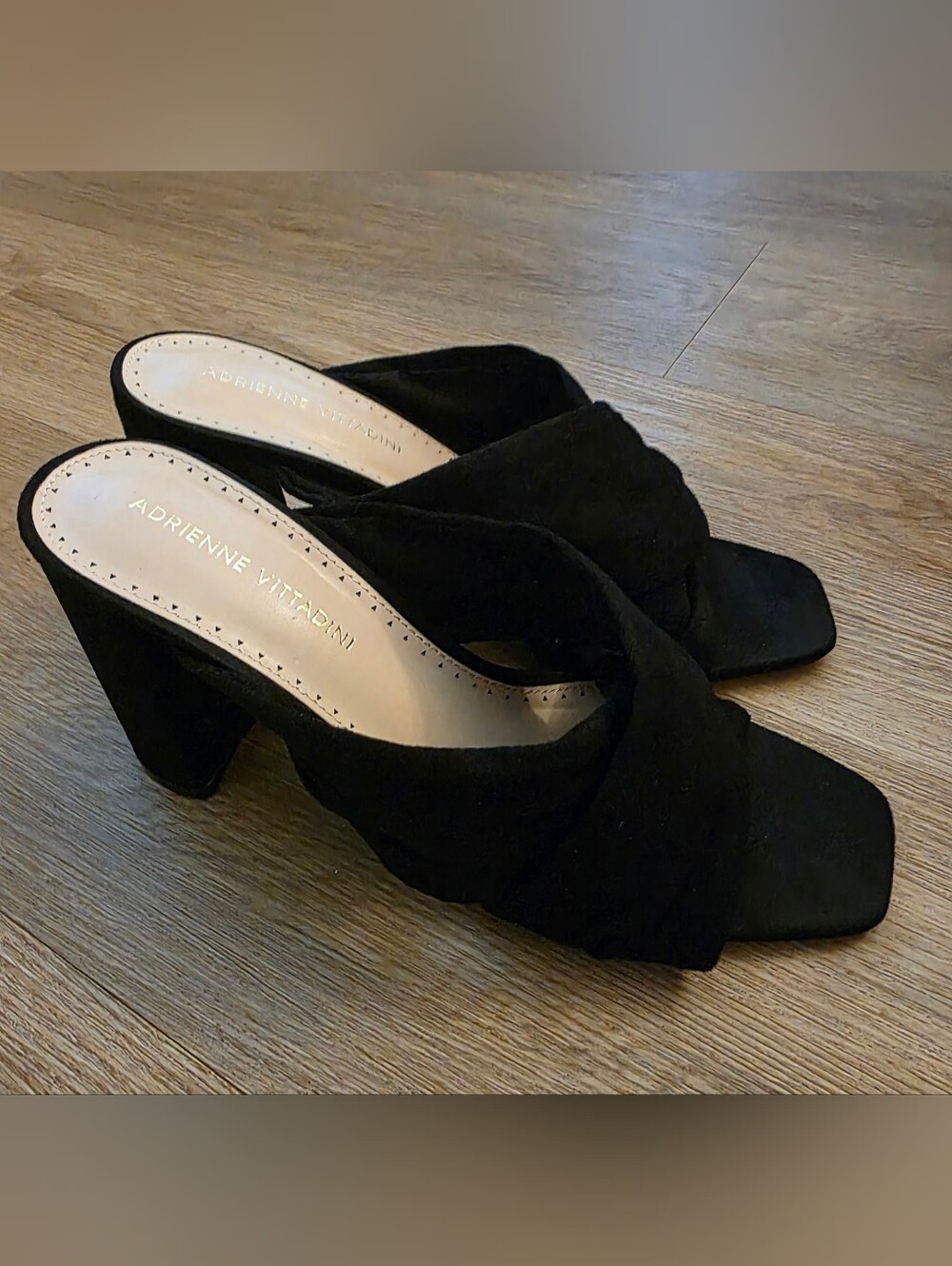 Adrienne Vittadini Genie Black Suede Twist Block Heel Mules